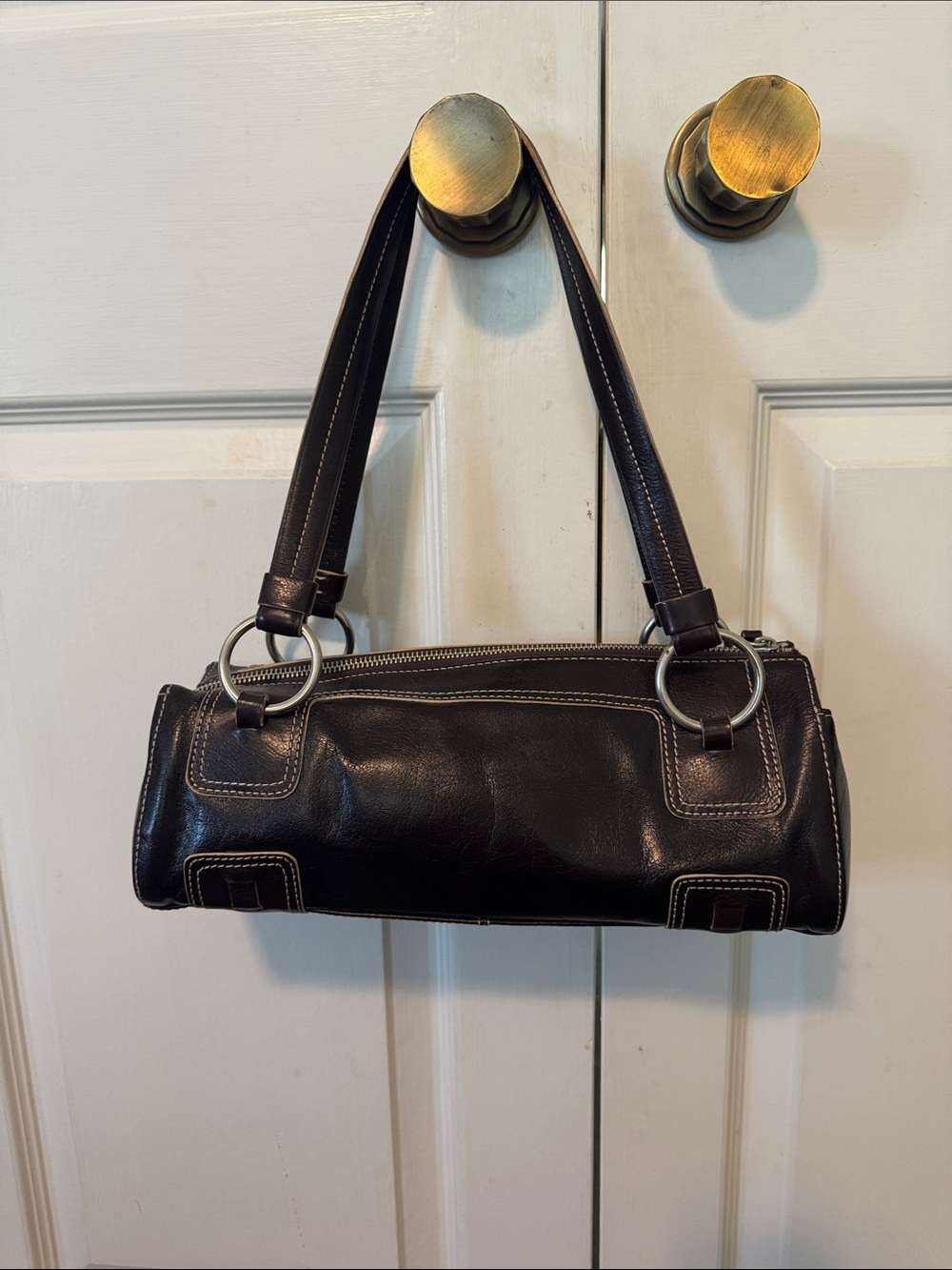 Kenneth Cole New York Brown Leather Shoulder Bag with Silver Hardware